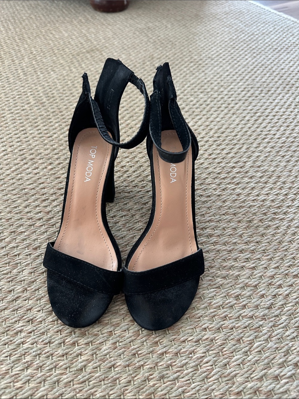 TOP Moda Black Suede Open-Toe Ankle-Strap Block Heels